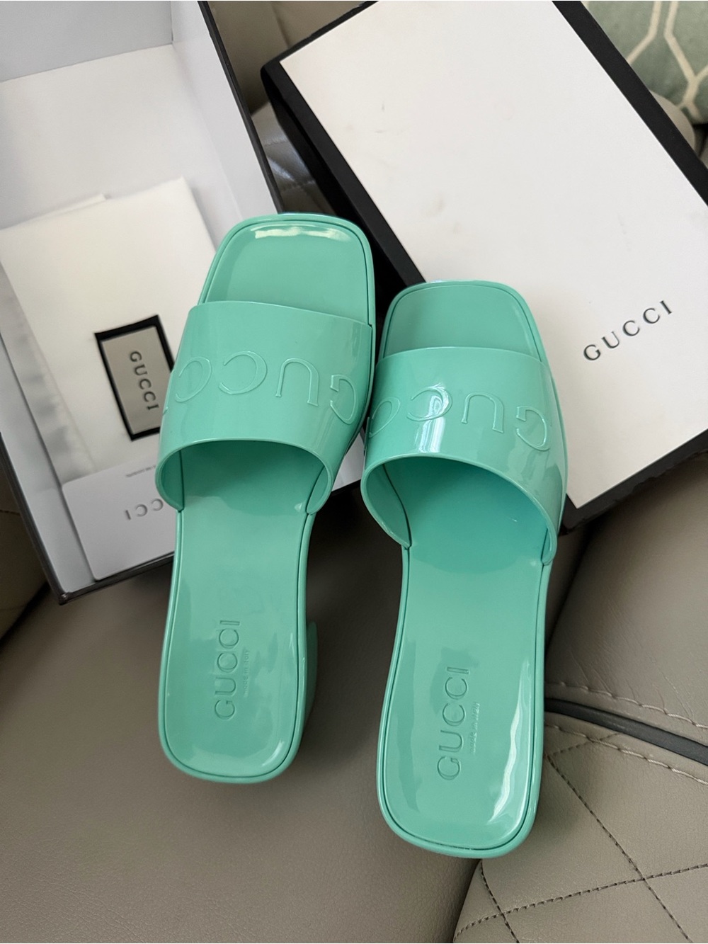 Gucci Patent Mint Green Slide Mules - Picture 10 of 16